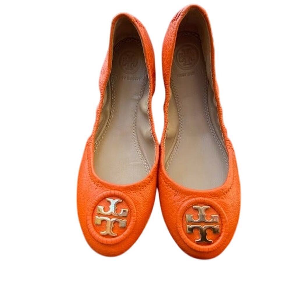Tory Burch Minnie Travel Ballet Leather Casual Orange Women's US 5 Slip-Ons